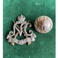 ROYAL NATAL CARBINEERS CAP BADGE,WHITE METAL-WORN 1936-1940-SOLD WITH ONE BUTTON-DIAMETER 150MM-CAP