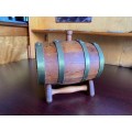 OAK,BRASS BOUND WINE BARREL WITH TAP ON STAND-VERY GOOD CONDITION-HOLD WATER WITHOUT ANY LEAK--DIME