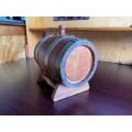 OAK,BRASS BOUND WINE BARREL WITH TAP ON STAND-VERY GOOD CONDITION-HOLD WATER WITHOUT ANY LEAK--DIME