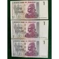 ZIMBABWE 2007 BANKNOTES ONE DOLLAR- 3X CONSECUTIVE NUMBERED-UNCIRCULATED