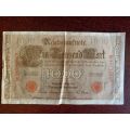 1000 MARK REICHSBANKNOTE,RED SEAL GERMANY 21 APRIL 1910-BEAUTIFUL BIG NOTE IN GOOD CONDITION