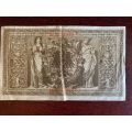 1000 MARK REICHSBANKNOTE,RED SEAL GERMANY 21 APRIL 1910-BEAUTIFUL BIG NOTE IN GOOD CONDITION
