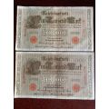 1000 MARK REICHSBANKNOTE,RED SEAL GERMANY 21 APRIL 1910-BEAUTIFUL BIG NOTES-TWO SOLD TOGETHER-ALMOST