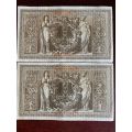 1000 MARK REICHSBANKNOTE,RED SEAL GERMANY 21 APRIL 1910-BEAUTIFUL BIG NOTES-TWO SOLD TOGETHER-ALMOST