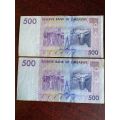 ZIMBABWE 500 HUNDERD DOLLAR NOTES- 2 SOLD TOGETHER-USED BUT GOOD