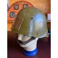 BULGARIAN M72 STEEL HELMET-USED IN ANGOLA DURING THE BORDER WAR-THERE IS A PLATE STUCK TO THE FRONT