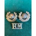 ROYAL MARINES COLLAR BADGE PAIR AND ONE TITLE-WORN FROM 1923-LUGS INTACT