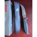 JAPAN KERSHAW KNIFE WITH RUBBER HANDLE IN LEATHER SHEETH IN ORIGINAL BOX-OVERALL LENGTH 26 CM