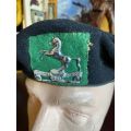 NATAL MOUNTED RIFLES BERET WITH BERET BADGE ADOPTED 1965-INSIDE RING MEASURES 52 CM-USED BUT GOOD CO