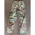 ORIGINAL BATTLE USED,RHODESIAN CAMO TROUSERS SIZE 28-INSIDE LEG MEASURES 71 CM-ALL BUTTONS INTACT-US