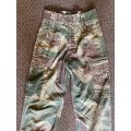 ORIGINAL BATTLE USED,RHODESIAN CAMO TROUSERS SIZE 28-INSIDE LEG MEASURES 71 CM-ALL BUTTONS INTACT-US