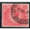 KENYA UGANDA 1922-27 5/- CARMINE RED VFU. SG 92. CAT 22 POUNDS. (SG 2016)