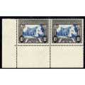 SOUTH AFRICA 1933-48 HYPHEN PICT 10/- BLUE & CHARCOAL MM MARGINAL HORIZ PAIR. SACC 63b. CAT R500.