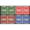GREAT BRITAIN 1935 SILVER JUBILEE SET OF 4 MM IN BLOCKS OF 4. SG 453-456. CAT 30 POUNDS ++