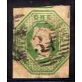 GREAT BRITAIN 1847-54 EMBOSSED ISSUE 1/- GREEN CUT SQUARE FINE USED. SG 55. CAT 1000 POUNDS.