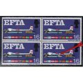Great Britain 1967 `EFTA` 1/6d block of 4 umm variety `Broken undercarriage leg`. SG 716ph. Cat £40
