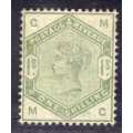 GREAT BRITAIN 1883-8 QV 1/- DULL GREEN FINE LMM SOME TONING ON PERFS. SG 196. CAT 1600 POUNDS.