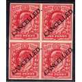 GREAT BRITAIN 1911 KEVII 1d RED VF UMM IMPERF BLOCK OF 4 OVPTD "CANCELLED". SG SPEC M6t. RARE.