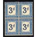 SOUTH AFRICA 1932-42 POSTAGE DUE 3d INDIGO & MILKY BLUE INVERTED WMK BLOCK OF 4 SACC 27a. CAT R7000.