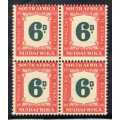 SOUTH AFRICA 1948-9 6d POSTAGE DUE BLOCK OF 4 UMM. SACC 37. CAT R2400. (SACC 2019/20)