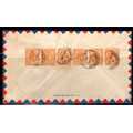 ST KITTS-NEVIS 1950 KGVI 1,5d STRIP OF 6 ON REVERSE OF AIR MAIL COVER TO CHICAGO. UNCOMMON. SG 70.