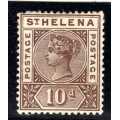 ST HELENA 1890 DEFIN QV 10d BROWN GOOD FACE BUT HEAVY MM & TINY THIN. SG 52. CAT 26 POUNDS. (2018)