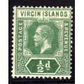 BRITISH VIRGIN ISLANDS 1913-19 KGV 1/2d GREEN MM. SG 69. CAT 4 GBP (2018)