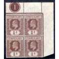 LEEWARD ISLANDS 1907-11 KEVII 1/4d TOP RIGHT PLATE NR BLOCK OF 4 UMM & MM. SG 36. CAT 41,25 POUNDS.