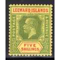 LEEWARD ISLANDS 1912-22 KGV 5/- GREEN & RED/YELLOW MM. SG 57. CAT 65 POUNDS. (2018)