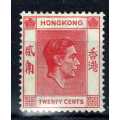 HONG KONG 1938-52 KGVI DEFIN 20c SCARLET VERMILION MM. SG 148. CAT 14 POUNDS. (2018)