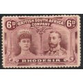 RHODESIA BSA COY 1910 DOUBLE HEAD 6d RED-BROWN AND MAUVE PERF 14 FINE MM. SG 144. CAT £50. (2018)