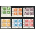South Africa 1972 postage due set of 6 in B control blocks of 4 umm. SACC 63-68. Cat R1090 (2019-20)
