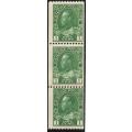 Canada 1911-22 coil stamps 1c yellow-green perf 12 x imperf strip of 3 with paper join umm. SG 216.