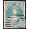 New Zealand 1857-63 imperf 2d blue no watermark 4 margins fine used. SG 10. Cat £180 (2018)