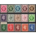Great Britain 1937-47 KGVI Definitive set of 15 mounted mint. SG 462-475. Cat £45 (2022)