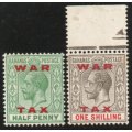 Bahamas 1919 War Tax ½d and 1/- mounted mint. SG 102 and 104. Cat £29,25 (2022)