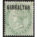 Gibraltar 1886 Bermuda stamp optd `GIBRALTAR` ½d dull-green mounted mint. SG 1. Cat £23 (2022)