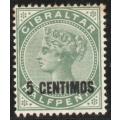 Gibraltar 1889 QV 5c surcharge on ½d green mounted mint. SG 15. Cat £14 (2022)