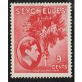 Seychelles 1938-49 KGVI definitive 9c red mounted mint. (small gum thin) SG 138. Cat £18 (2022)