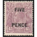 Australia 1930 surcharge 5d on 4½d violet lightly mounted mint. SG 120. Cat £16 (2022)