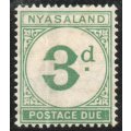 Nyasaland 1950 Postage Due 3d green mounted mint. (vertical crease) SG D3. Cat £17 (2022)