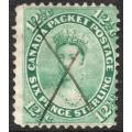 Canada 1859 QV 12½c pale yellow-green fine used. SG 40. Cat £70. (2022)