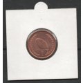 Isle of Man 1999 Queen Elizabeth II Uncirculated 1 Penny Coin with rugby ball and poles.