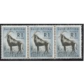 South Africa 1961 Defin R1 Sable Antelope horiz strip of 3 unmtd mint. SACC 196. Cat R1500 (2023-25)