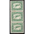 South Africa 1929 2nd Air mail issue 4d vertical strip of 3 mint. SACC 40. Cat R570. (2023-25)