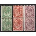 South Africa 1913 KGV coil stamps ½d, 1½d & 2d vertical pairs mm. SACC 17, 19-20. Cat R940 (2023-25)