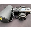 MAKINON zoom lense and MINOLTA film camera.