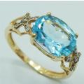 STUNNING 9CT GENUINE SOLID YELLOW GOLD BLUE TOPAZ AND DIAMOND RING/INVEST IN GOLD