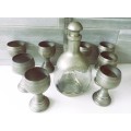 WOW,,,,,Antique  Royal Holland Pewter Overlay Daalderop  Pinched Decanter Bottle & 8 glasses