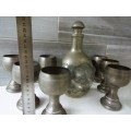 WOW,,,,,Antique  Royal Holland Pewter Overlay Daalderop  Pinched Decanter Bottle & 8 glasses